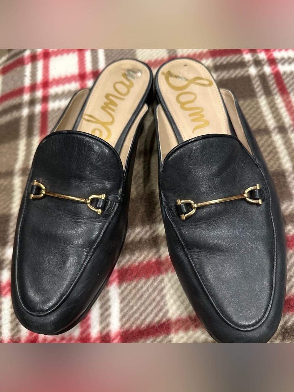Sam Edelman Black Leather Mules with Gold Bit